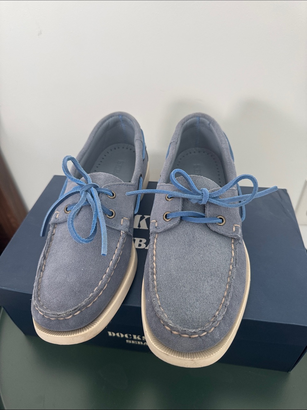 Docksides Sebago Light Blue Suede Moccasins with Blue Laces